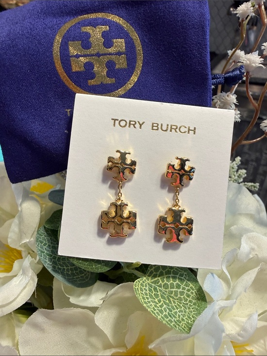Tory Burch Jewelry - Tory Burch Gold Double-Drop Logo Earrings with dust bag